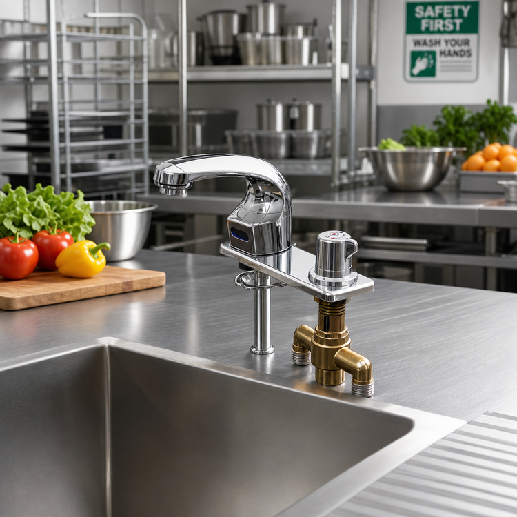 Product image #2 for ChekPoint Touchless Electronic Single-Hole Deck-Mount Faucet with Thermostatic Mixing Valve, 4-Inch Centers Deck Plate, Chrome-Plated Brass, 0.5 GPM