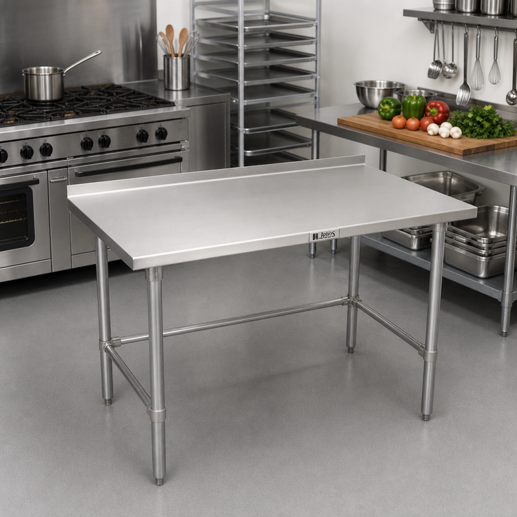 Product image #2 for John Boos Stallion 48" x 24" 14-Gauge 300 Series Stainless Steel Work Table with Rear Up-Turn