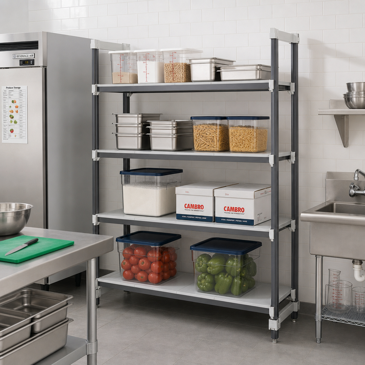 Product image #2 for Cambro Camshelving® Elements XTRA 4-Shelf Solid Stationary Add-On Polymer Shelving Unit, 18 x 54 x 72 Inches, Speckled Gray