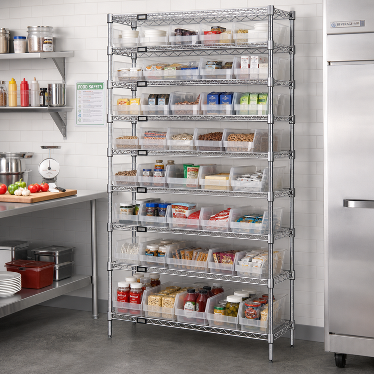 Product image #2 for Quantum 36 Inch W x 24 Inch D x 74 Inch H Chrome Plated Bin Wire Shelving System with 12 Wire Shelves and 55 Clear Bins
