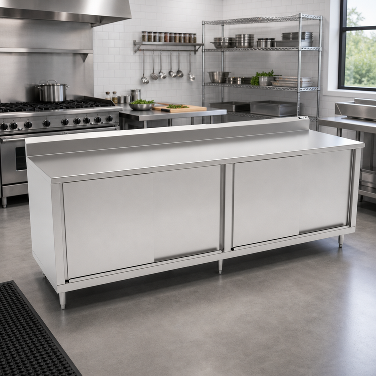 Product image #2 for John Boos 96 Inch x 36 Inch Enclosed Work Table with Cabinet Base, Sliding Doors, Stainless Steel Top, and 5 Inch Backsplash
