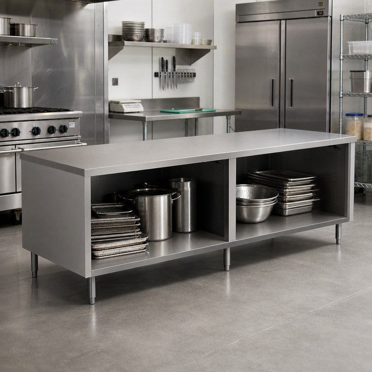 Product image #2 for BK Resources 120-Inch x 30-Inch 14-Gauge Stainless Steel Chef Table with Open Front Cabinet Base