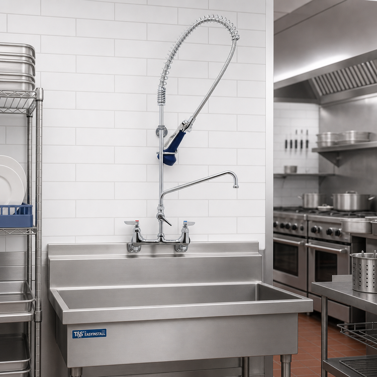Product image #2 for T&S EasyInstall 8-Inch Adjustable-Center Wall-Mount Pre-Rinse Unit with Add-On Faucet and 1.07 GPM Spray Valve