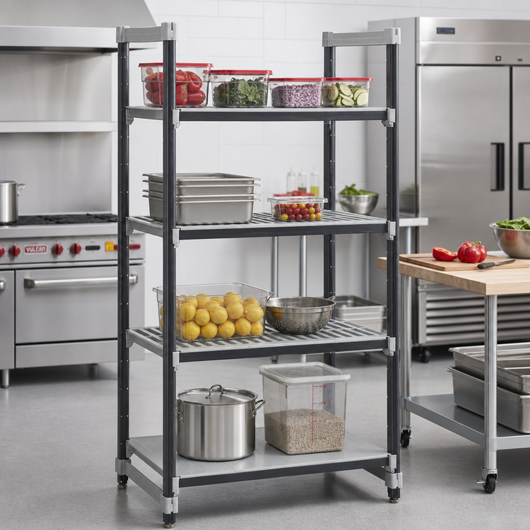 Product image #2 for Cambro Camshelving Elements XTRA 36" Wide x 21" Deep x 64" High Stationary Starter Polymer Shelving Unit, 4-Shelf Vented & Solid, Speckled Gray