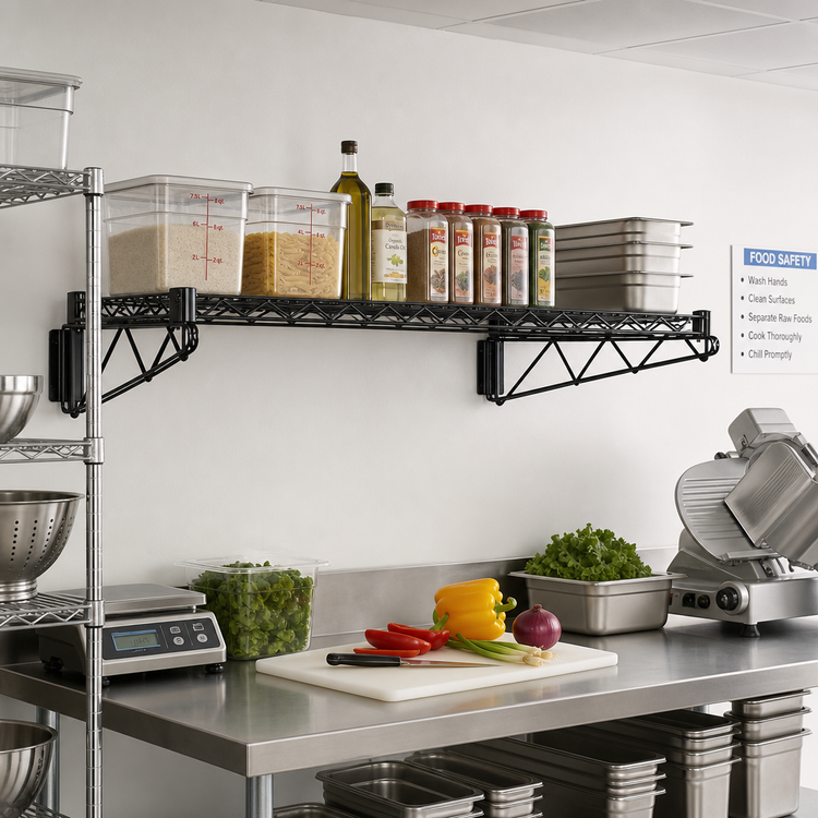 Product image #2 for Quantum Wall-Mount Cantilever Single Wire Shelf, 72W x 18D, Black Epoxy Antimicrobial Finish