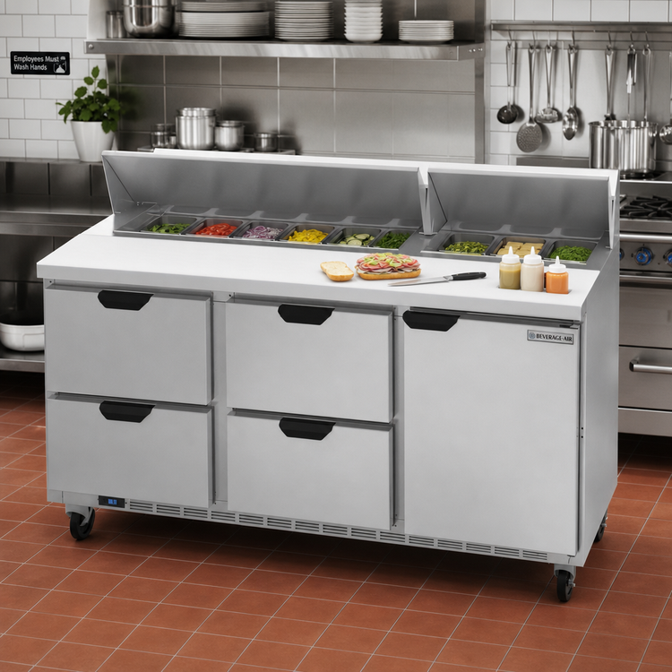 Product image #3 for Beverage-Air SPED72HC-18-4 Three-Section 72-Inch Sandwich Top Refrigerated Prep Table with 4 Drawers, 1 Door, and 18-Pan Rail