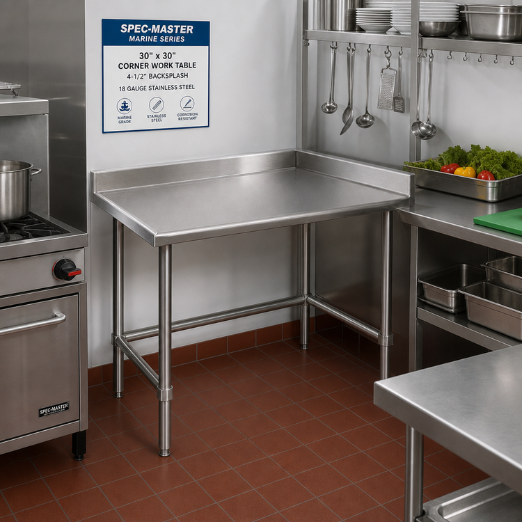 Product image #2 for Spec-Master Marine Series 30" x 30" Stainless Steel Corner Work Table with 4-1/2" Backsplash