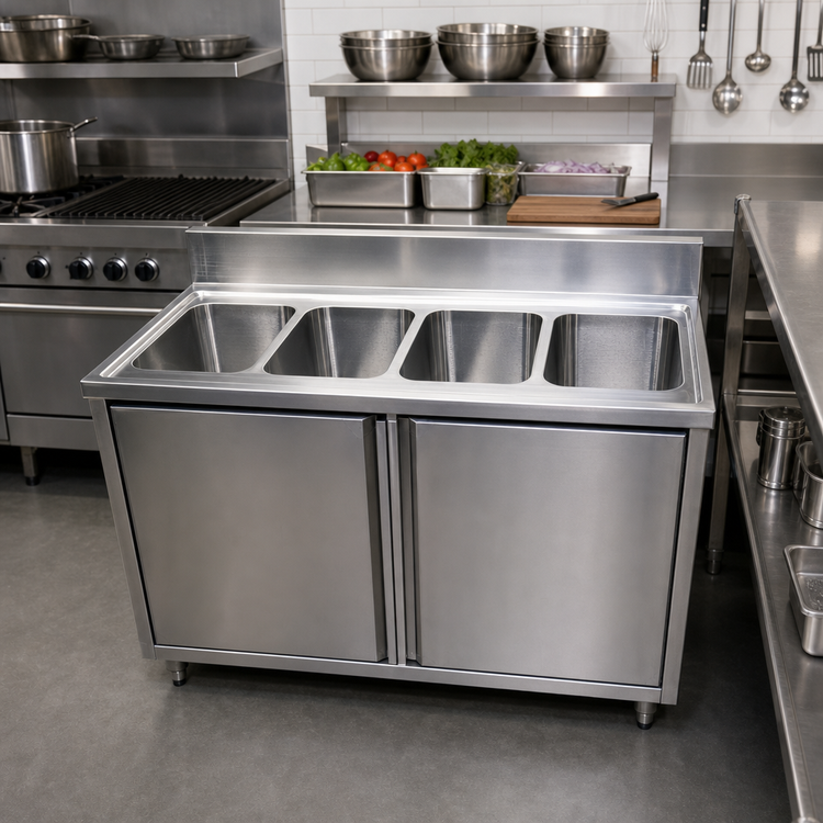 Product image #2 for BK Resources Four-Compartment Stainless Steel Sink Cabinet with Hinged Doors, 48 x 24 Inches