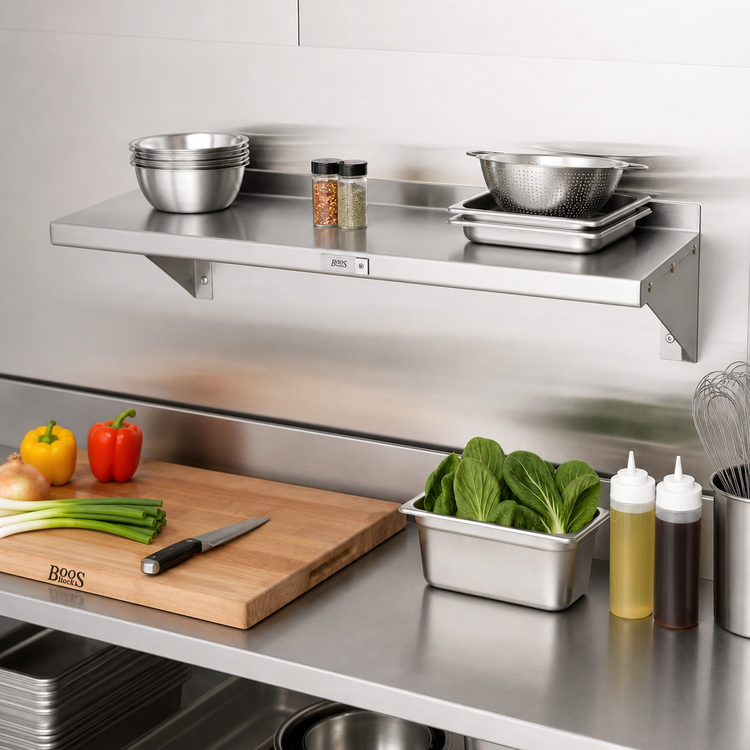 Product image #2 for John Boos Stallion 48 Inch x 12 Inch Wall-Mounted 430 Stainless Steel Shelf with Stallion Safety Edge Front