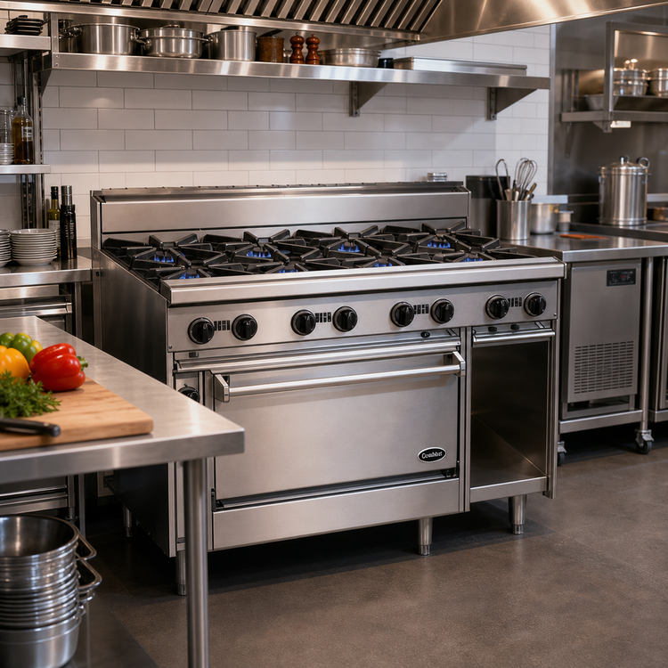 Product image #2 for Bistro 48-Inch Shallow-Depth Heavy-Duty Gas Restaurant Range with 8 Open Burners and Convection Oven