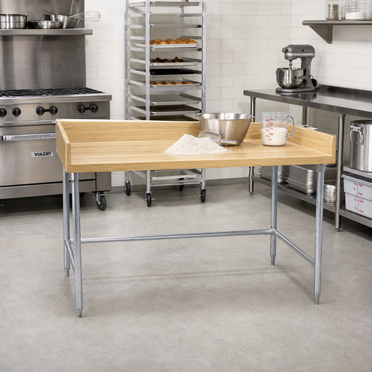 Product image #2 for Advance Tabco Wood Top Bakers' Table, 48 x 30 Inches, 4-Inch Rear and Side Splash, Open Galvanized Base