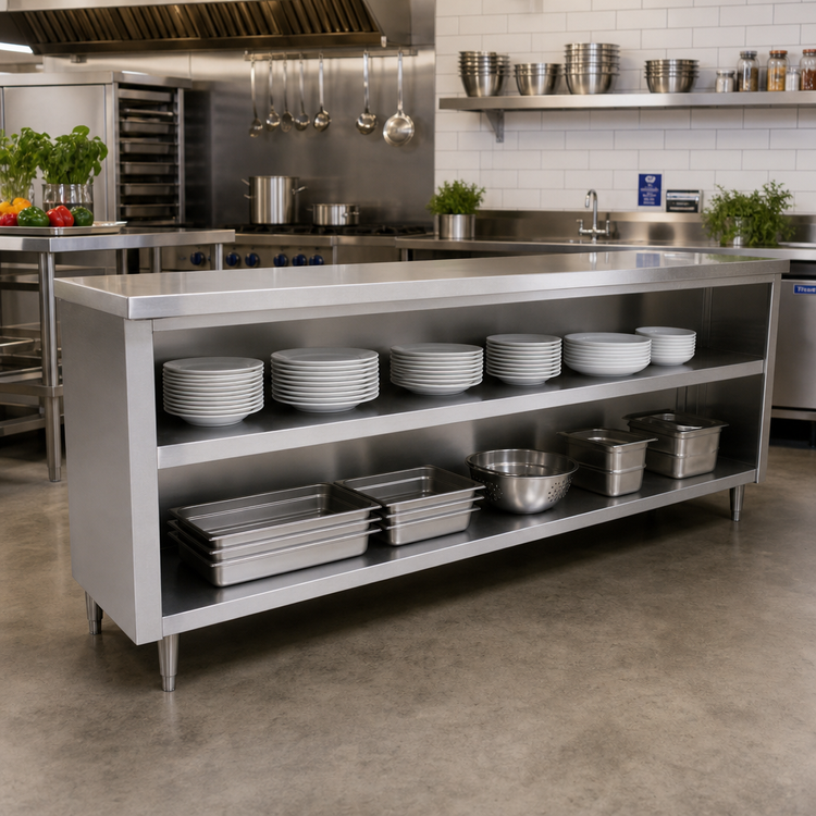 Product image #2 for Advance Tabco Special Value Series Stainless Steel Dish Cabinet, 48 Inch W x 18 Inch D, Open Base with Mid-Shelf