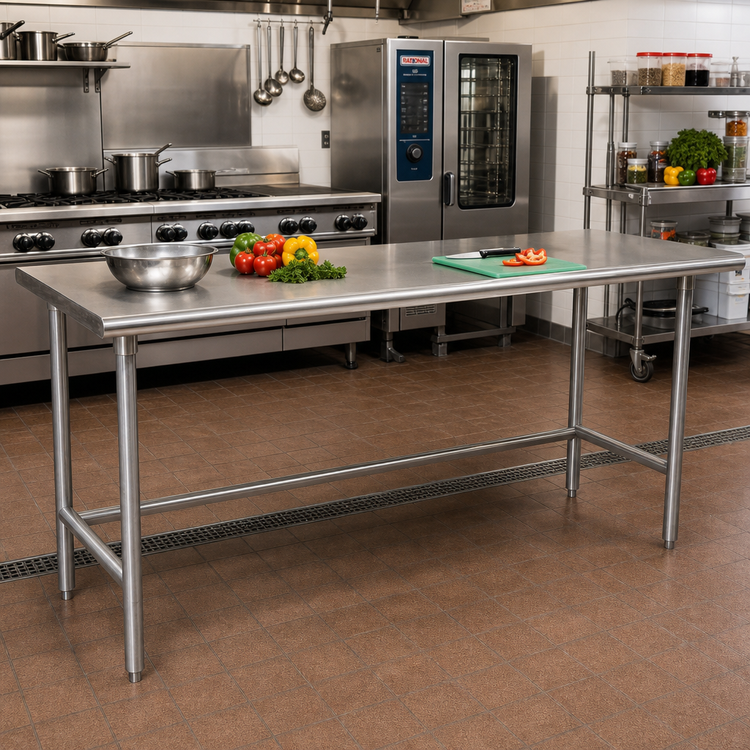 Product image #2 for Advance Tabco 120 in. x 36 in. 16 Gauge 304 Stainless Steel Flat Top Work Table with Galvanized Base