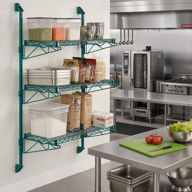 Product image #2 for Quantum Cantilever Wall-Mounted Shelving Starter Unit with 3 Wire Shelves and 54-Inch Posts