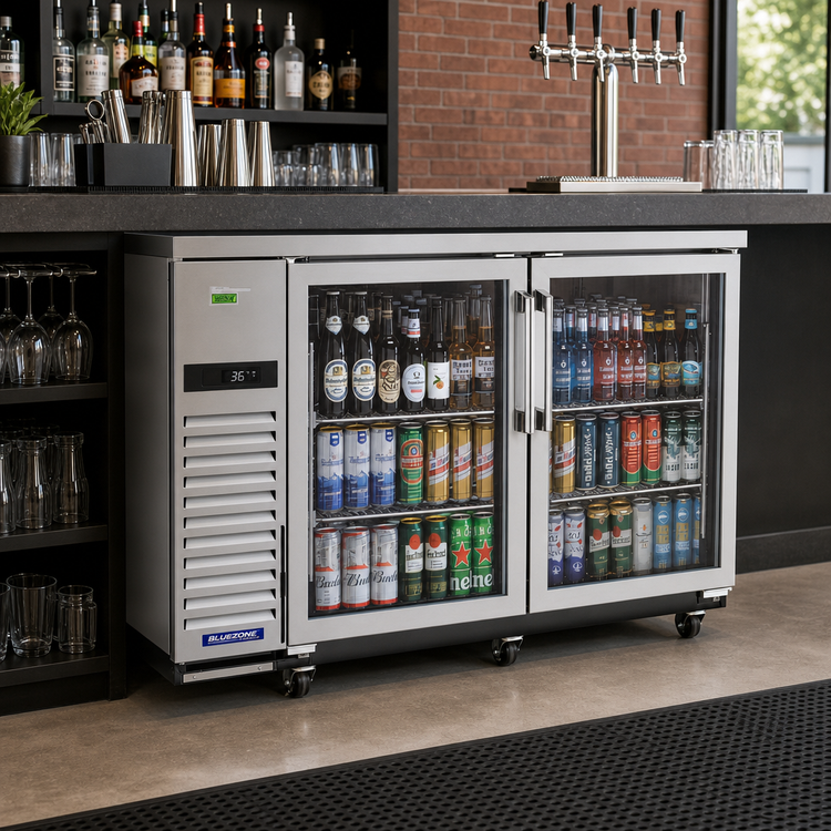 Product image #2 for Turbo Air Super Deluxe Two-Section Narrow Back Bar Cooler with 2 Glass Doors, 16.46 Cu. Ft., Self-Contained Side-Mount, 115V