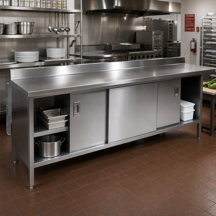Product image #2 for John Boos Enclosed Work Table with Sliding Door Cabinet Base, 108 x 24 Inches, Stainless Steel Top