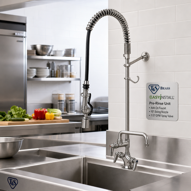 Product image #2 for T&S Brass EasyInstall Single-Hole Deck-Mount Pre-Rinse Unit with Add-On Faucet, 10-Inch Swing Nozzle, and 1.07 GPM Spray Valve
