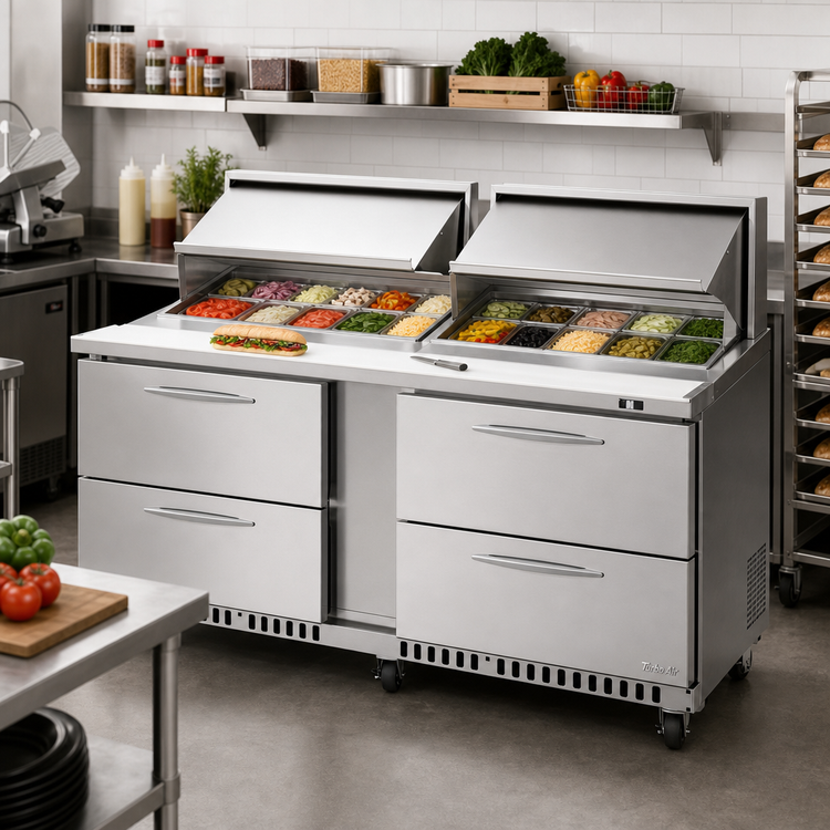 Product image #2 for Turbo Air PRO Series 72-5/8-Inch Front Breathing Two-Section Mega Top Sandwich/Salad Prep Table with 4 Drawers and 18-Pan Opening