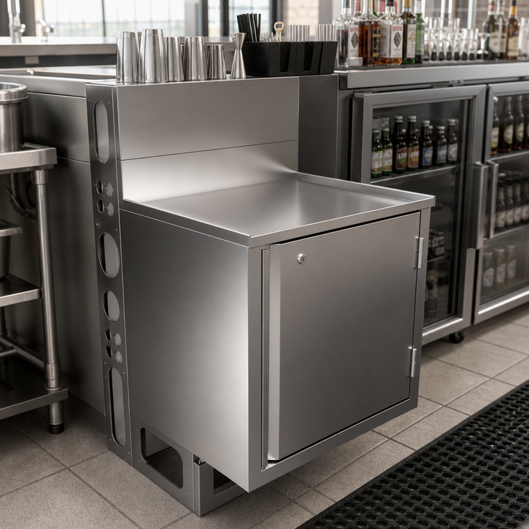 Product image #3 for BK Resources Top Shelf Stainless Steel Underbar Cabinet, 24 x 21 Inch, Flat Top, Raised Edge, Hinged Lock Door