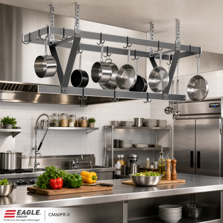 Product image #2 for Eagle Group CM60PR-X Ceiling-Mounted Triple-Bar Stainless Steel Pot Rack with 15 Hooks