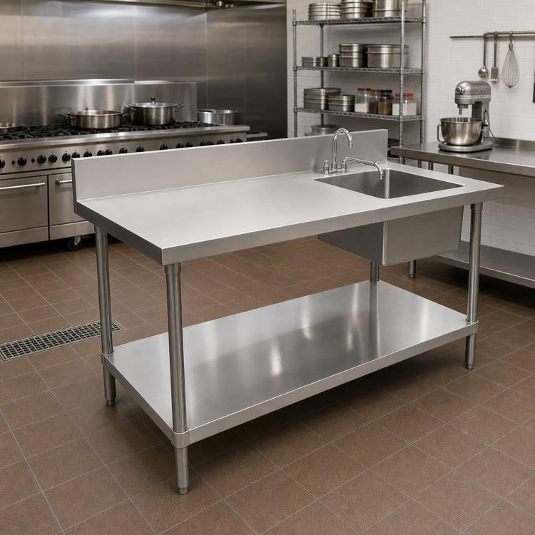 Product image #2 for 72-Inch Stainless Steel Sink Table With Right-Side Prep Sink, Backsplash and Undershelf