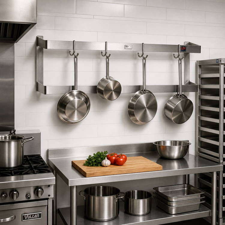 Product image #2 for John Boos PRW21A Wall-Mount Stainless Steel Double-Bar Pot Rack, 36 Inches, 6 Hooks