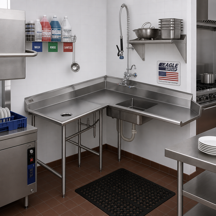 Product image #2 for Eagle Group Corner Soiled Dishtable with Pre-Rinse Sink, 16/430 Stainless Steel, Left-to-Right
