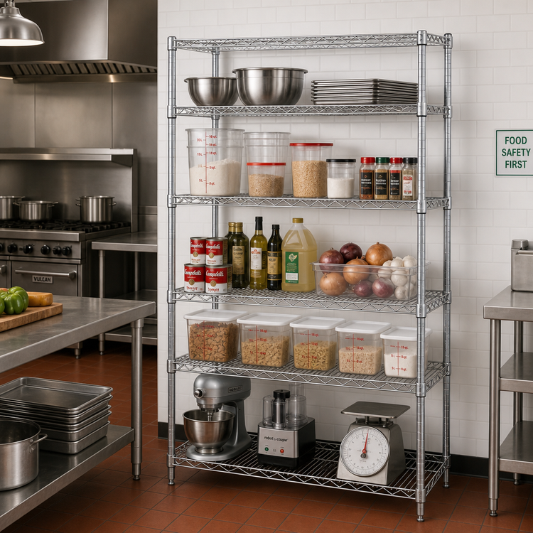 Product image #2 for Quantum Stationary Chrome-Plated Wire Shelving Starter Kit, 60"W x 18"D x 74"H, 5 Shelves