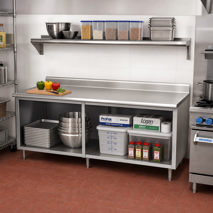 Product image #2 for Advance Tabco Special Value Series 108-Inch x 24-Inch Economy Open Base Stainless Steel Work Table with 5-Inch Backsplash