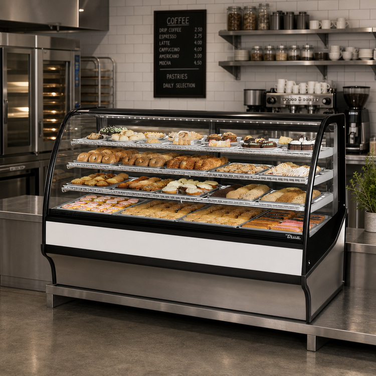 Product image #3 for True 77 1/4-Inch Countertop Dry Pastry Display Merchandiser with Lift-Up Curved Glass Front, Glass Ends and Stainless Steel Exterior