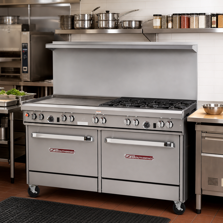 Product image #2 for Southbend Ultimate 60-Inch Gas Restaurant Range with 4 Burners, 36-Inch Griddle, Standard Oven, and Cabinet Base