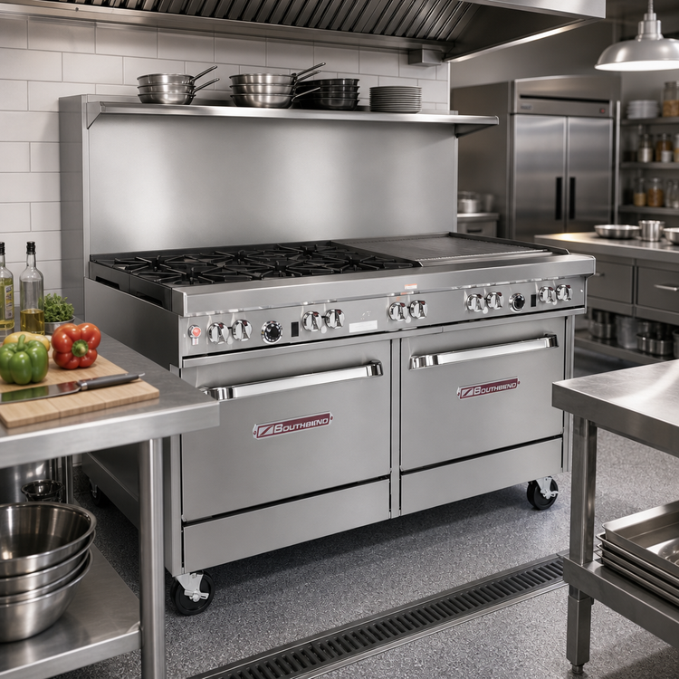 Product image #2 for Southbend Ultimate 60-Inch Gas Restaurant Range with 4 Burners, 36-Inch Griddle, Standard Oven, and Cabinet Base