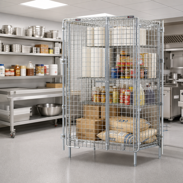 Product image #2 for Eagle Group QuadTruss Stationary Wire Security Cage with 2 Doors, Chrome-Plated Finish