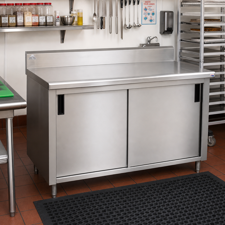 Product image #2 for Advance Tabco Special Value Series Economy Enclosed Work Table with Cabinet Base, Mid-Shelf and Sliding Doors, 108 x 24 Inches, 16 Gauge 304 Stainless Steel Top