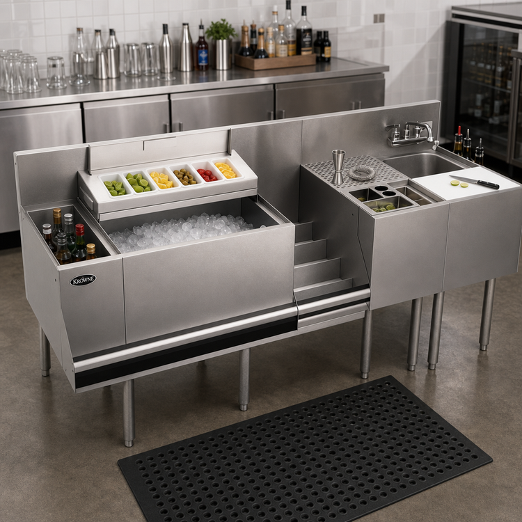 Product image #2 for Krowne Royal Series 68-Inch Stainless Steel Underbar Workstation with Ice Bin, Elixir Well, Dump Sink, Cutting Board, and Cabinet