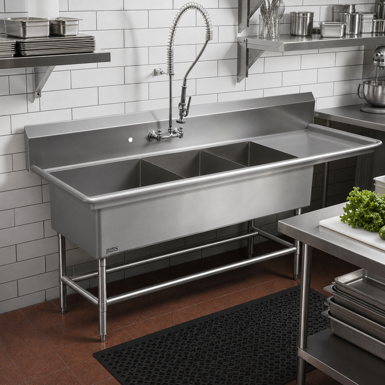Product image #2 for John Boos Pro-Bowl 3-Compartment Platter Sink with 30-Inch Right Drainboard, 90-3/16 Inch Wide