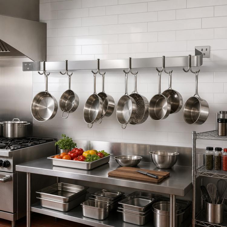 Product image #2 for Eagle Group 120-Inch Wall-Mount Single-Bar Stainless Steel Pot Rack with 10 Double-Prong Hooks