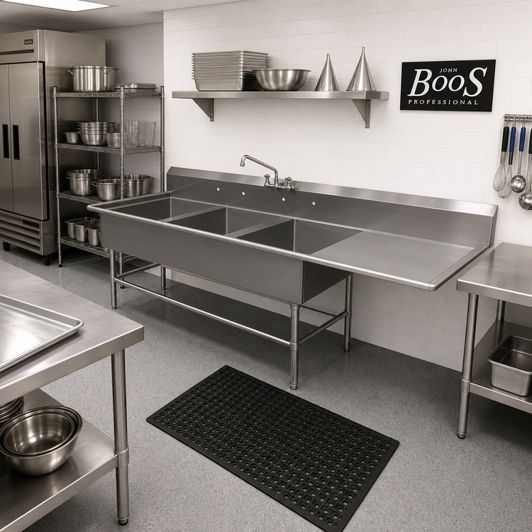 Product image #2 for John Boos Pro-Bowl Floor Model 3-Compartment Stainless Steel Sink with Right Drainboard, 14 Gauge, 94-3/16 Inches Wide