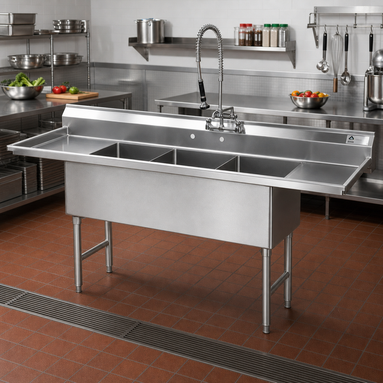 Product image #2 for Advance Tabco 3-Compartment Fabricated Stainless Steel Sink with Left and Right Drainboards, 84-Inch