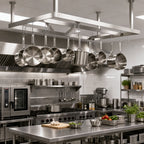 Thumbnail image #2 for Klinger's Trading SC72 Ceiling-Mounted Triple-Bar 304 Stainless Steel Pot Rack, 72 x 22 Inches, with Double-Prong Hooks