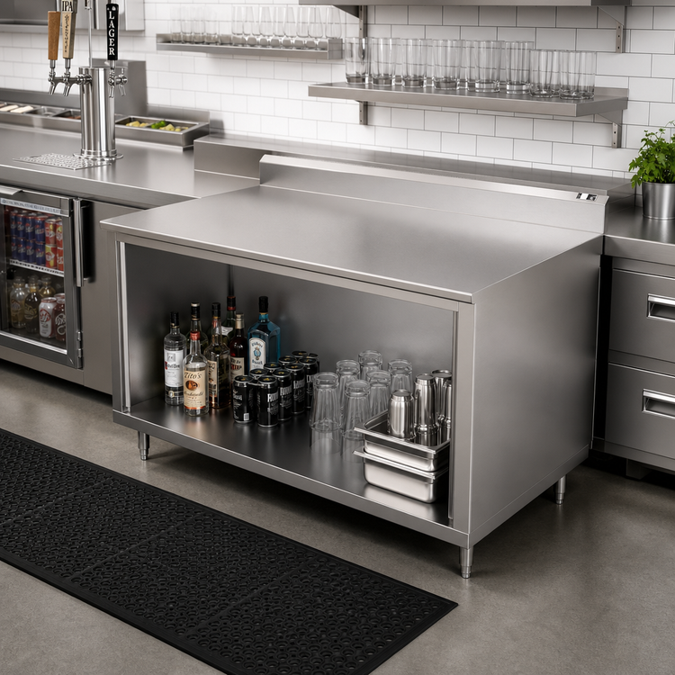 Product image #2 for John Boos 72 Inch x 30 Inch Stainless Steel Underbar Work Table with Open Front Cabinet Base and 5 Inch Backsplash