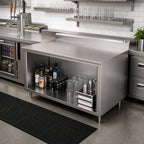 Thumbnail image #2 for John Boos 4CO6R5-3072 72"W x 30"D Stainless Steel Underbar Work Table with Open Cabinet Base, 16-Gauge 300 Series Top and 5" Backsplash