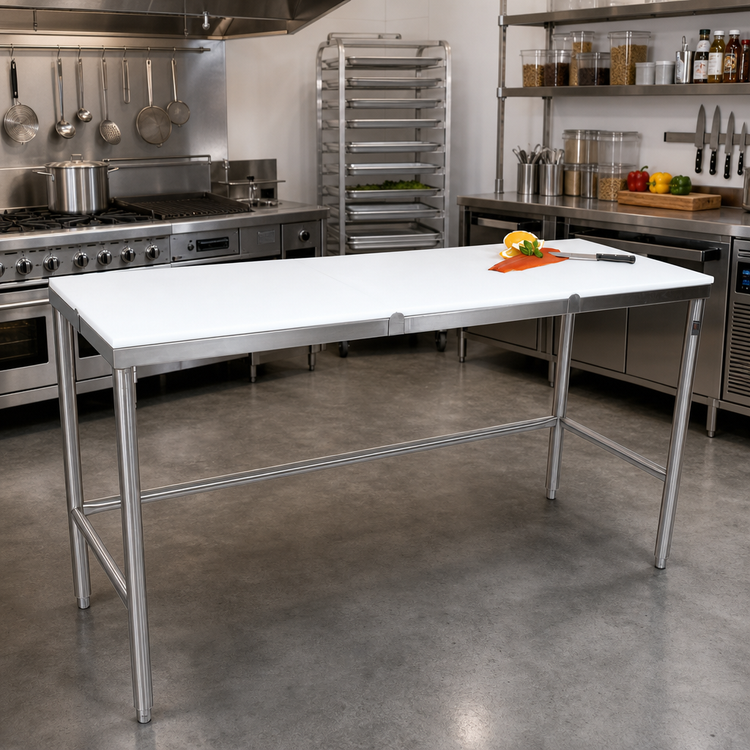 Product image #2 for John Boos 84 Inch x 36 Inch Reversible Poly Flat Top Trimming Table with Stainless Steel Legs and Bullet Feet