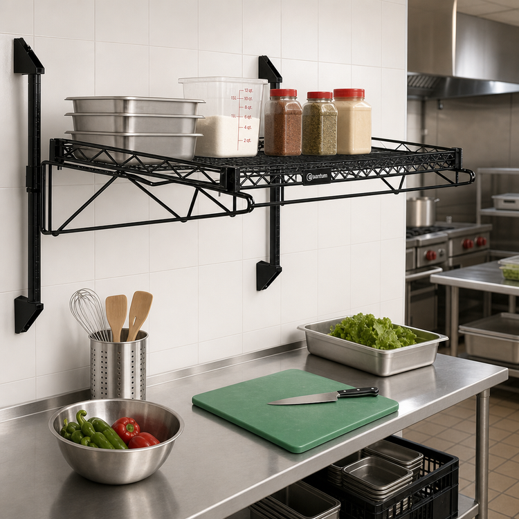 Product image #2 for Quantum Wall-Mount Cantilever Single Shelf Wire Shelving Unit with Posts, 36 x 18 Inch, Black Epoxy Finish