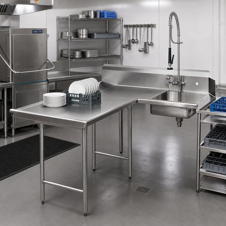 Product image #2 for Left-Hand L-Shaped Dish Landing Soil Dishtable with Pre-Rinse Sink, 143-Inch, 16 Gauge 304 Stainless Steel