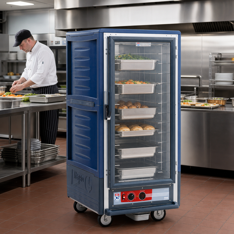 Product image #2 for Metro C5 3 Series Mobile 3/4 Height Heated Holding Cabinet with Blue Insulation Armour, Clear Door, and Lip Load Slides