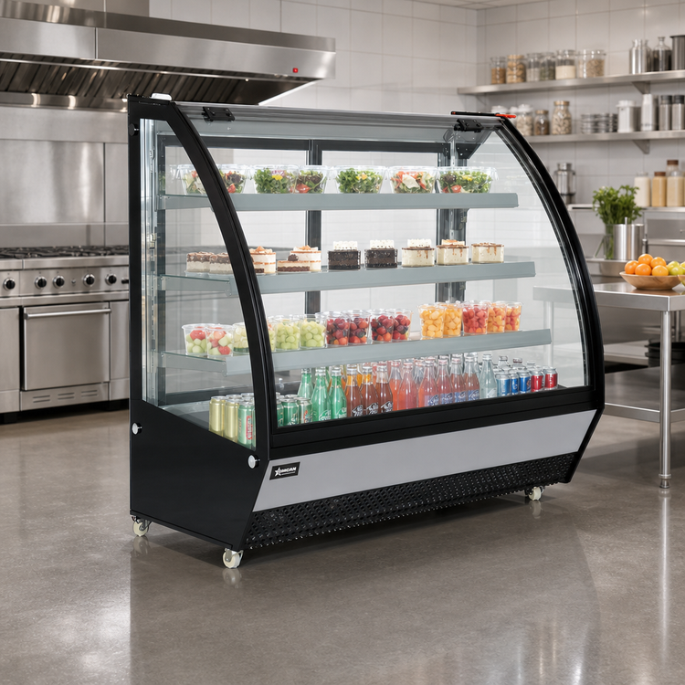 Product image #2 for Omcan USA 60-Inch Full-Service See-Thru Refrigerated Display Merchandiser with Curved Front Lift-Up Glass