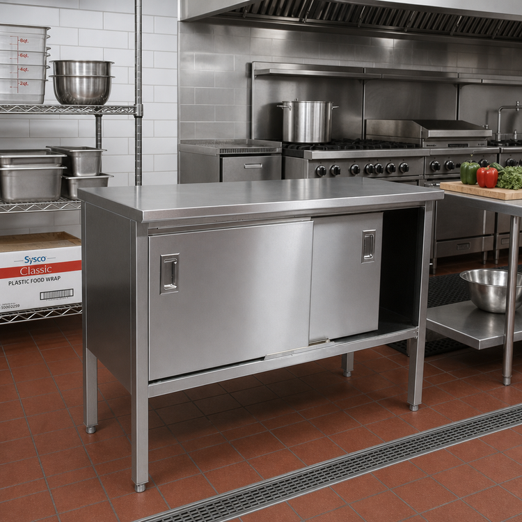 Product image #2 for John Boos Enclosed Stainless Steel Work Table with Sliding Doors, 60 x 24 Inch, 14-Gauge Flat Top