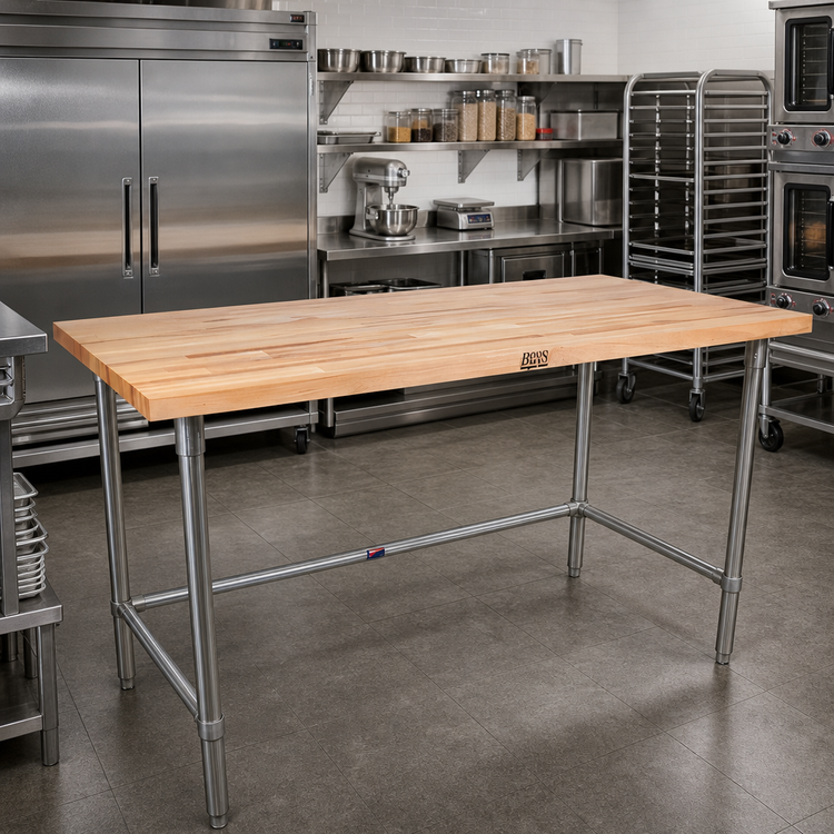 Product image #2 for John Boos 120-Inch Wood Top Work Table with 2-1/4-Inch Edge Grain Hard Rock Maple Top and Stainless Steel Base