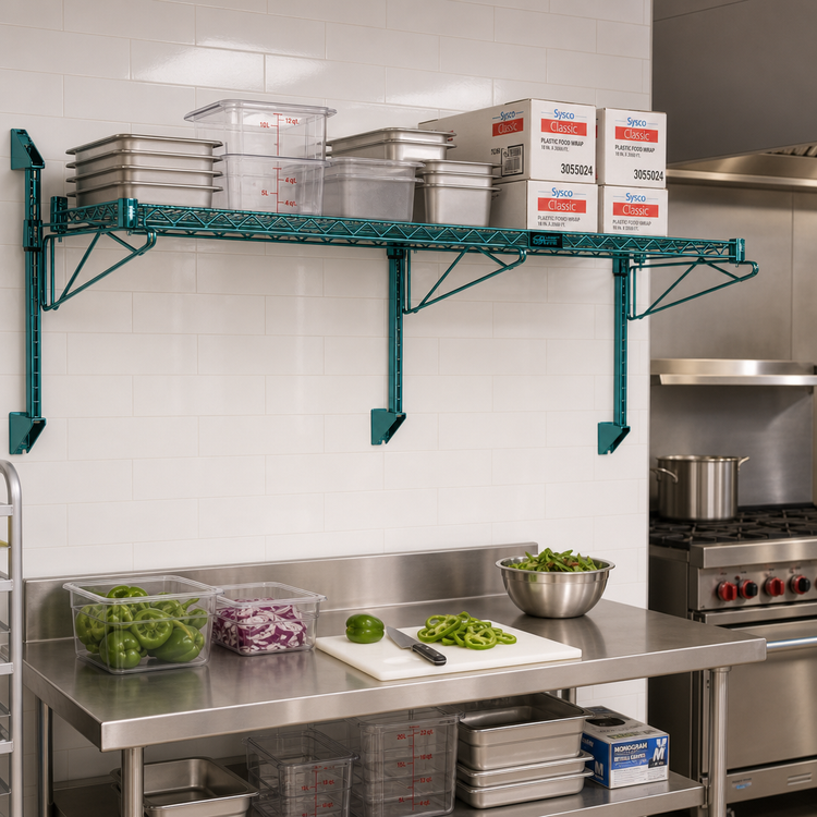 Product image #2 for Quantum Wall-Mounted Cantilever Wire Shelving Unit, 72 x 12 Inch, Green Epoxy